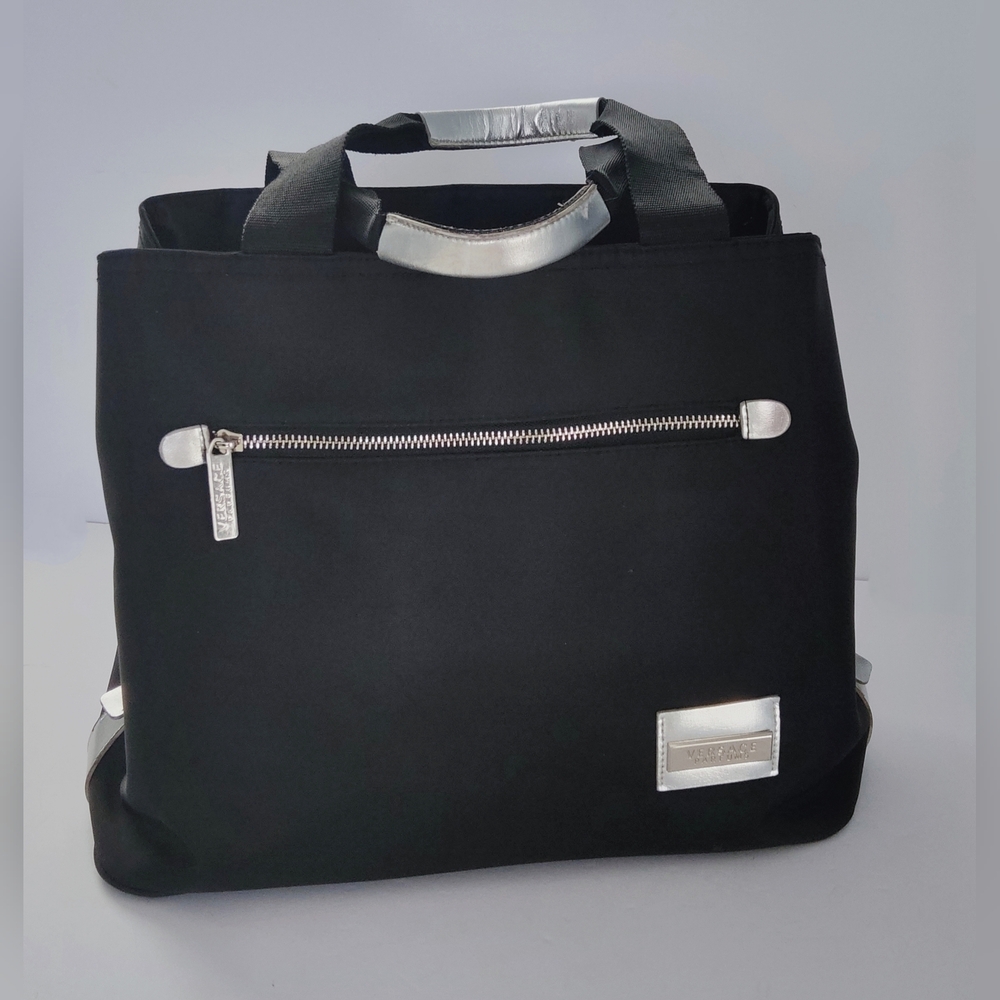 Versace Parfumes Black Tote Bag with Silver Accents. Pre-owned.